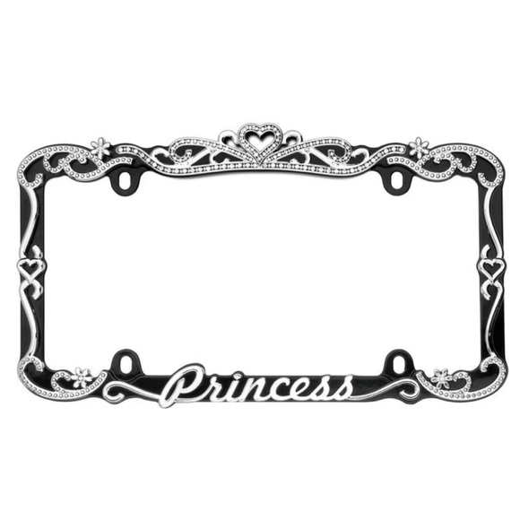 Black & Chrome Princess License Plate Frame & Diamond Bling Fasteners New - Picture 14 of 16